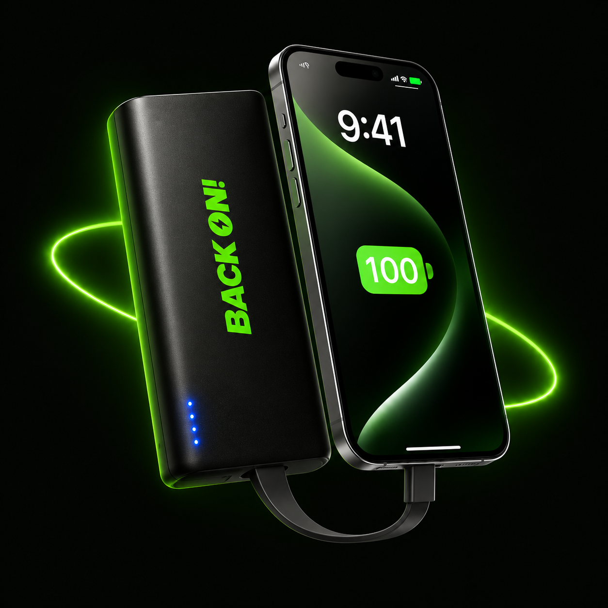 BACK ON! power bank charging a phone through one flat built-in cable, with the spare cables tucked away